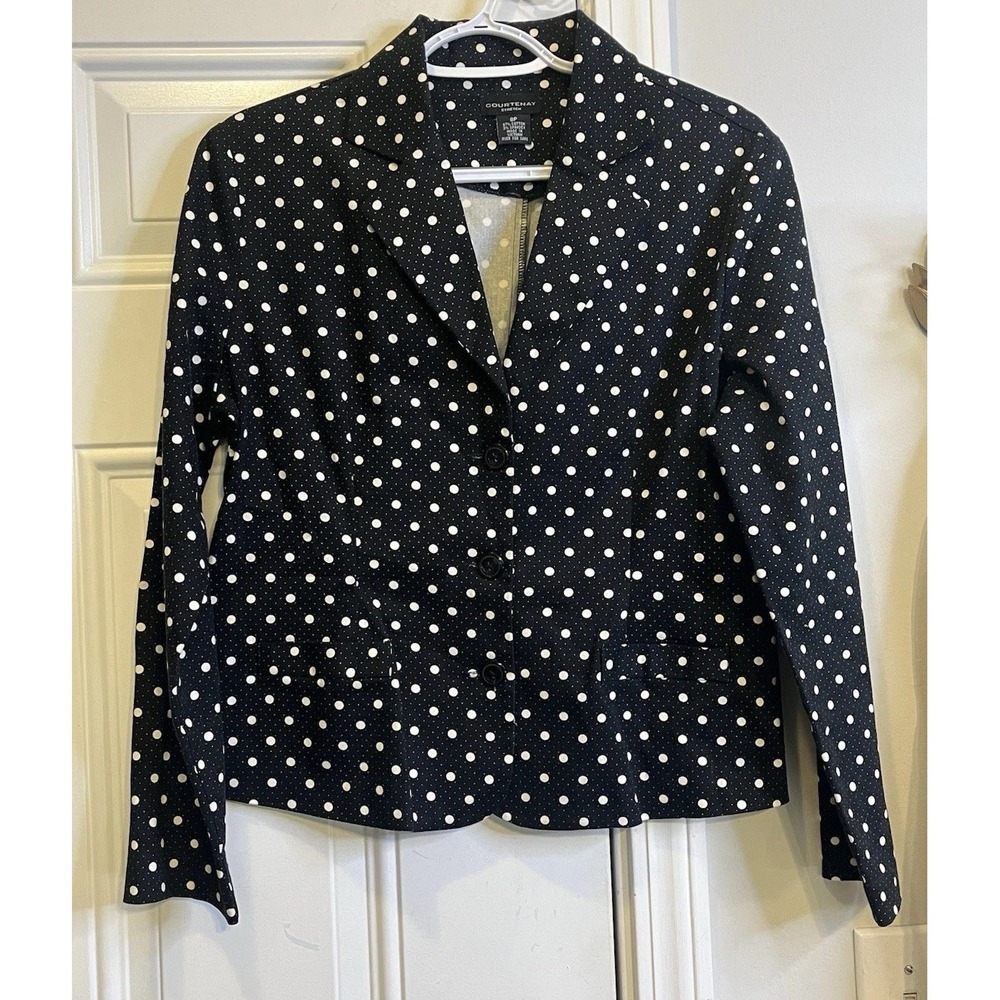 VTG Y2K Courtenay Blazer Jacket Size 8P Black White Polka Dot Indie Office Siren